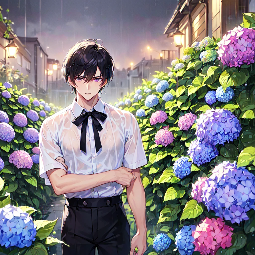 masterpiece,best quality,high quality,(1 male austere good-looking man solo adult age 30: 1.5), purple eyes, cool with suspended eyes, V-shaped eyebrows, body strong and fearless 8.5 head tall, height 185 cm, (well-groomed black short hair down to neck: 1.4), (bangs split into seven thirds: 1.4), slender nose, expression lines, throat, (shirt and black trousers: 1.3), (hand on face), (standing), (stylish pose), (melancholy expression: 1.3), (background hydrangea garden: 1.3), (night rain: 1.3), (upper body:1.3)
