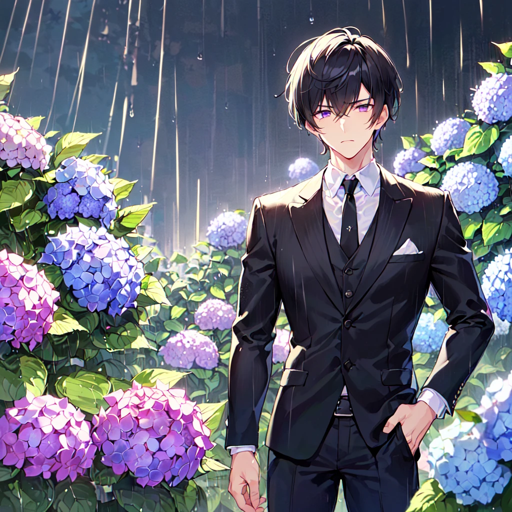 masterpiece,best quality,high quality,(1 male austere good-looking man solo adult age 30: 1.5), purple eyes, cool with suspended eyes, V-shaped eyebrows, body strong and fearless 8.5 head tall, height 185 cm, (well-groomed black short hair down to neck: 1.4), (bangs split into seven thirds: 1.4), slender nose, expression lines, throat, (shirt and black trousers: 1.3), (hand on face), (standing), (stylish pose), (melancholy expression: 1.3), (background hydrangea garden: 1.3), (night rain: 1.3), (upper body:1.3)