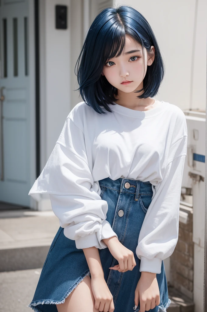 A -yeld giwith black and blue hair, light makeup and simple white clothes