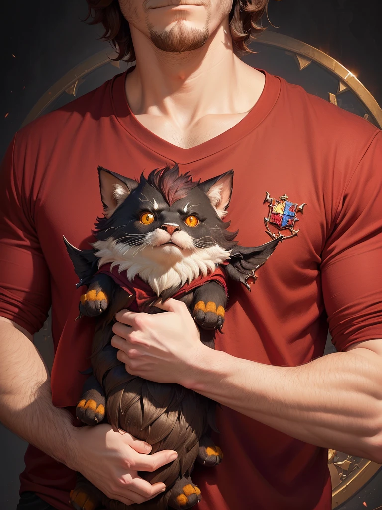 a close-up of a person holding a stuffed animal in a red shirt, Gryffindor, close up!!, Gapmoe Grimdark, Greg Simkins, anime cover, offcial art, grim, Gwelf, discord pfp, It's the evil gremlin, offcial artwork, of the trailblazer, close up!!!!!!, style of Greg Simkins, grainy, avatar for website