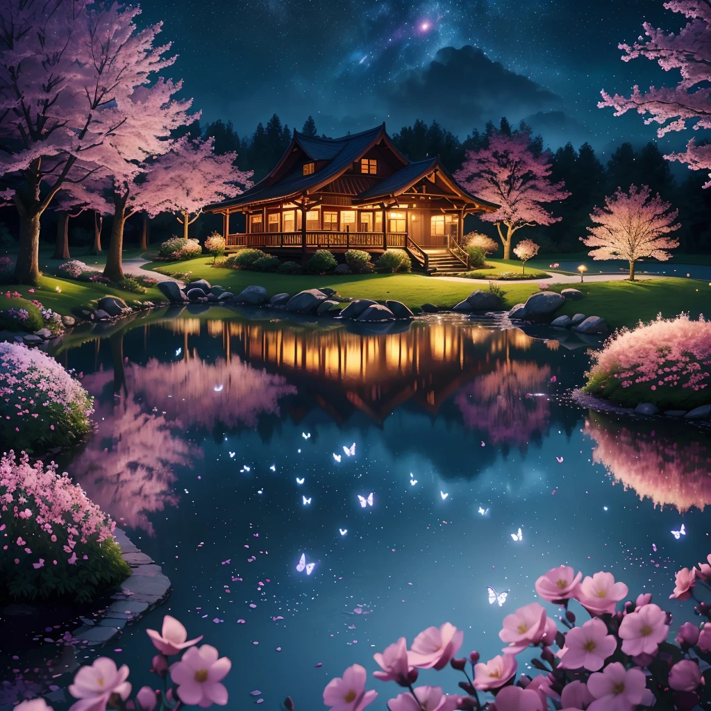 nigth，mont，Rose garden,log cabin,Skysky，the space，starrysky,galaxias，(depth of fields)，Light，Mist，the cherry trees，Reallightandshadow，painting-like,Ethereal atmosphere,Vibrant colors,cinematic compositions，dream magical，hoang lap，Particle effect，diffused reflections，waterfallr，Colorful flowers,Butterflies dancing,Dreamy and whimsical,Peaceful and charming,vibrant with colors,painting coming to life,Totally mesmerizing and fascinating,Simply breathtaking.(Best quality,4K,8K,A high resolution,Masterpiece:1.2),Ultra-detailed,(Realistic,Photorealistic,photo-realistic:1.37),