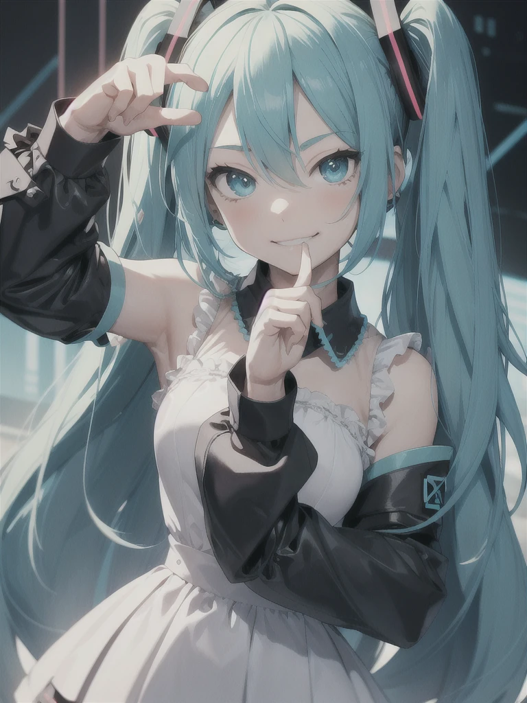 Perfect hand, perfect hand , better hand ,perfect hands, perfect hand,hand pointing at the viewer ,smirk , high detail,high resolution, high quality , Hatsune Miku,