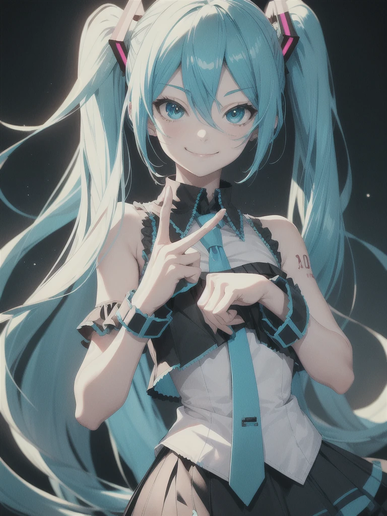 Perfect hand, perfect hand , better hand ,perfect hands, perfect hand,hand pointing at the viewer ,smirk , high detail,high resolution, high quality , Hatsune Miku,