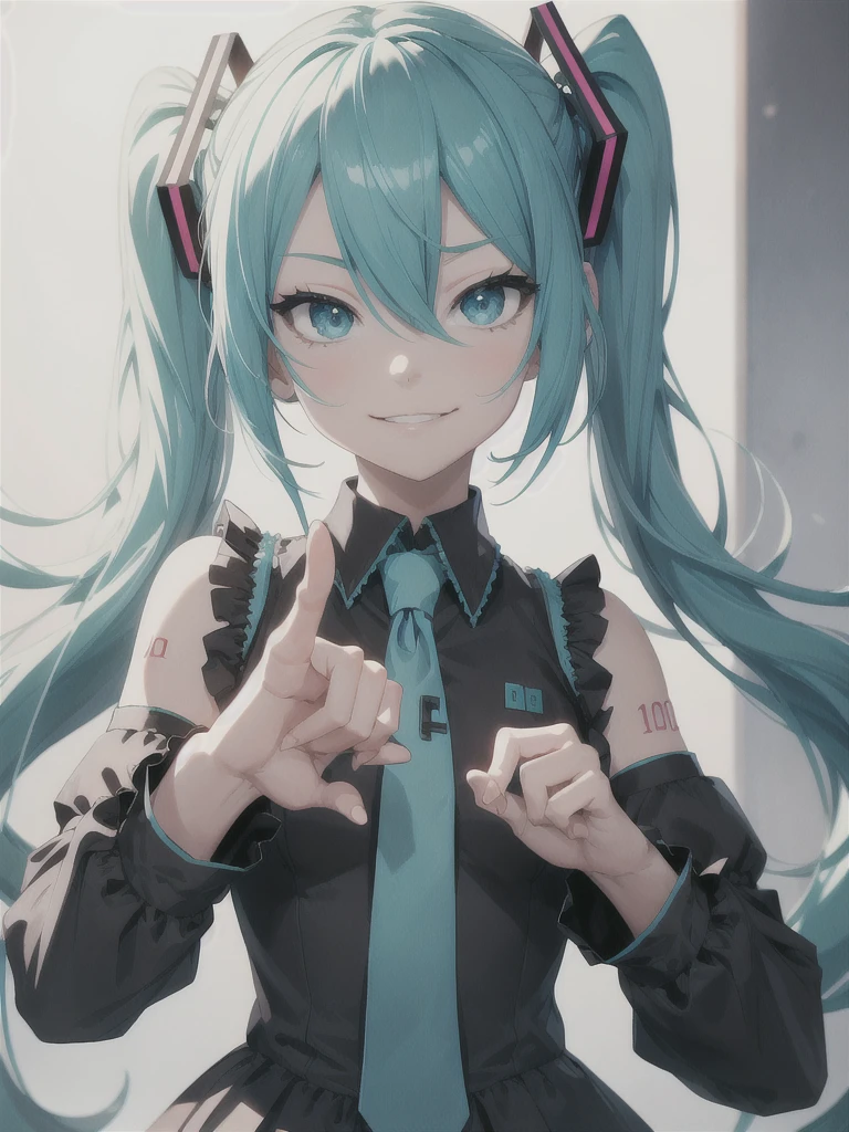 Perfect hand, perfect hand , better hand ,perfect hands, perfect hand,hand pointing at the viewer ,smirk , high detail,high resolution, high quality , Hatsune Miku,
