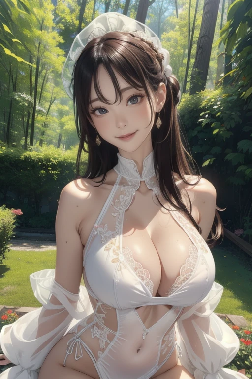 (masterpiece:1.2, Highest quality), Realistic, (live-action, Intricate details, Colorful high neck clothes), Part your lips, Very detailed, Perfect Face, Perfect body, Large Model,Forest Background、Woman with transparent nipples、expensive、Long legs、Separate the upper and lower costumes、Brightly colored painting、Clothes with a wide open chest、露出度のexpensive衣装、Clothing that exposes the navel、Only the upper body is dressed、Random hairstyle、Big Breasts、Transparent lace outfit、embellished costume、Clothing that exposes the navel、