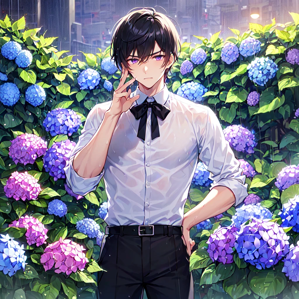 masterpiece,best quality,high quality,(1 male austere good-looking man solo adult age 30: 1.5), purple eyes, cool with suspended eyes, V-shaped eyebrows, body strong and fearless 8.5 head tall, height 185 cm, (well-groomed black short hair down to neck: 1.4), (bangs split into seven thirds: 1.4), slender nose, expression lines, throat, (shirt and black trousers: 1.3), (hand on face), (standing), (stylish pose), (melancholy expression: 1.3), (background hydrangea garden: 1.3), (night rain: 1.3), (upper body:1.3)