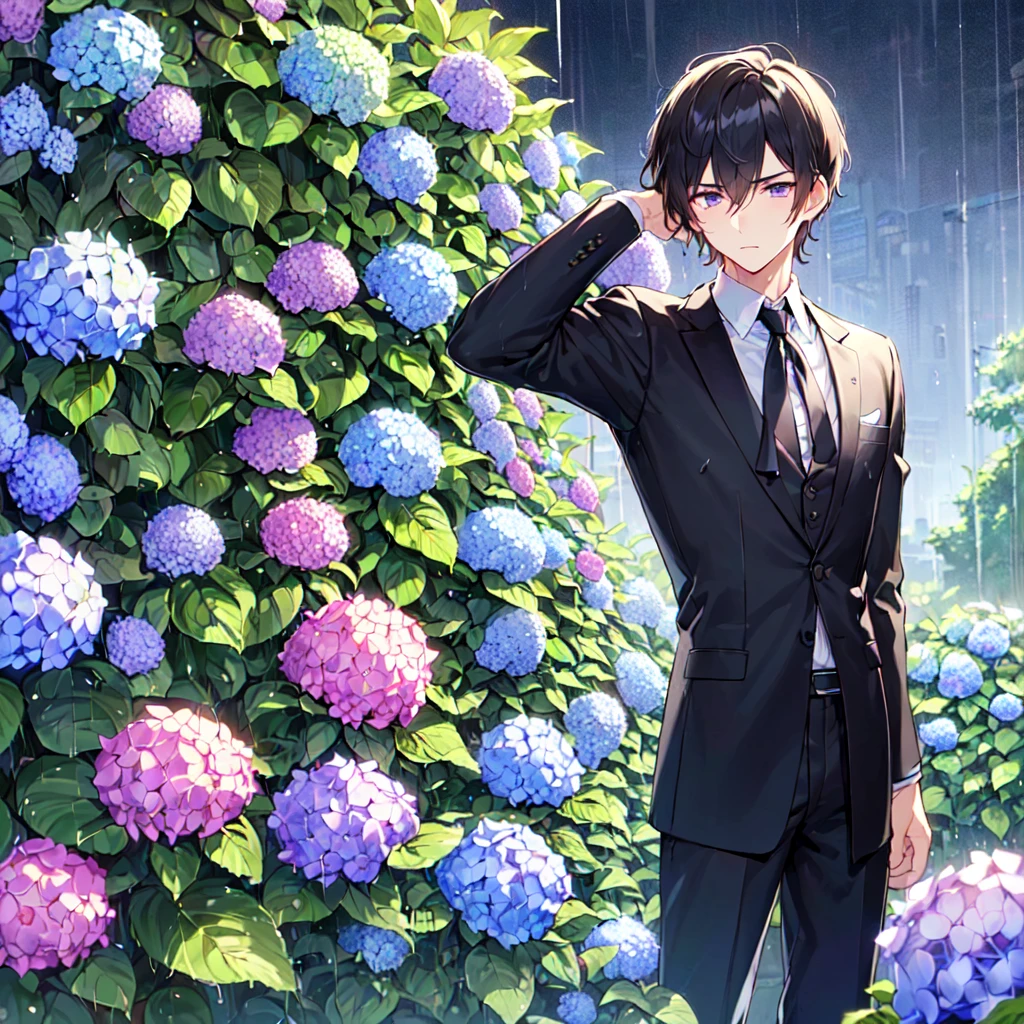 masterpiece,best quality,high quality,(1 male austere good-looking man solo adult age 30: 1.5), purple eyes, cool with suspended eyes, V-shaped eyebrows, body strong and fearless 8.5 head tall, height 185 cm, (well-groomed black short hair down to neck: 1.4), (bangs split into seven thirds: 1.4), slender nose, expression lines, throat, (shirt and black trousers: 1.3), (hand on face), (standing), (stylish pose), (melancholy expression: 1.3), (background hydrangea garden: 1.3), (night rain: 1.3), (upper body:1.3)