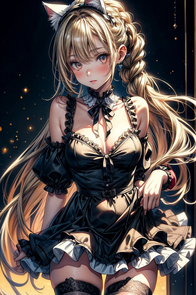 ((Sketch)), ((Watercolor)),((best quality)) ((best quality)), ((masterpiece)), (detailed), HD, Highly Detailed, 4k image, anime style, beautiful young age girl, 13 yarly white skin, Blonde braided ponytail hair, adorable and cute facial features, golden-brown colored eyes, White French Maid Uniform, Black sheer stockings plump thick lips, tiny breasts, slender and slim toned body type, tall height(180cm), small narrow waist, wide curvy hips, plump large round ass, full body picture, cat-ears, cat tail