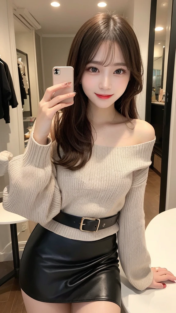 1 person、In detail, High resolution, Highest quality、Beautiful fine details, long hair, Natural color lip、Clear Skin、Shiny Hair、Tabletop, Super detailed, In detail, High resolution, 8K、Cute pose,Beautiful feet,Perfect beautiful face,KPOP idol faces,Ecstatic face、Cute face, smile、Seduce、I can see the valley、thigh boots、leather skirt、Off-the-shoulder sweater、belt、Selfie、Mirror photo、whole body、Dressing room