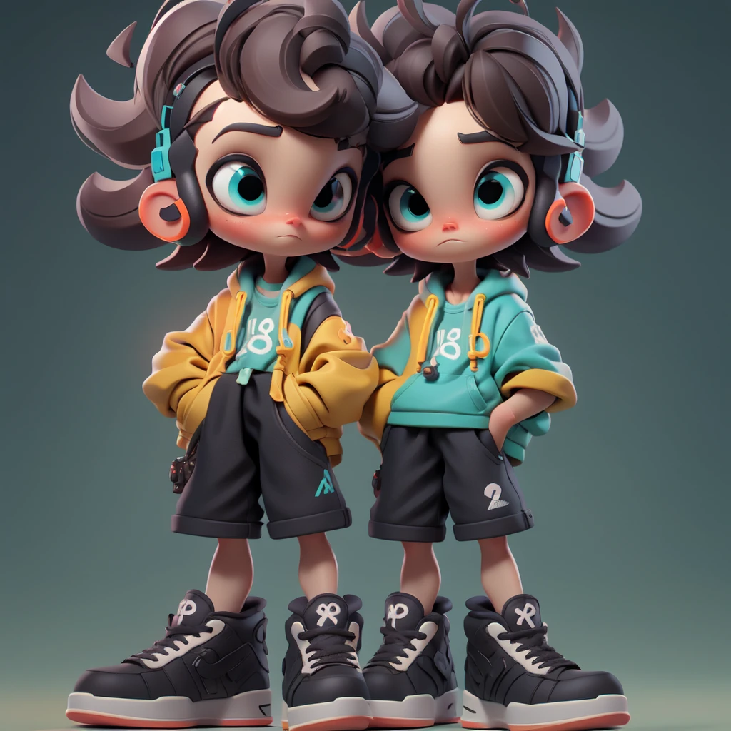 3D character, anime boy, large eyes, brown hair, blue headphones, gray t-shirt, shorts, oversized sneakers, hands in pockets, neutral expression Cartoon model, young boy, detailed hair, big headphones, casual outfit, futuristic shoes, standing pose, minimal background, modern design Stylized figure, boy with brown hair, turquoise headphones, graphic t-shirt, black shorts, colorful sneakers, relaxed stance, 3D rendering Cute animated boy, expressive eyes, blue and orange color scheme, hands in pockets, detailed sneakers, backpack, simple background, modern art Chibi-style character, big eyes, spiky hair, headphones, casual attire, large shoes, standing pose, muted colors, collectible figure design