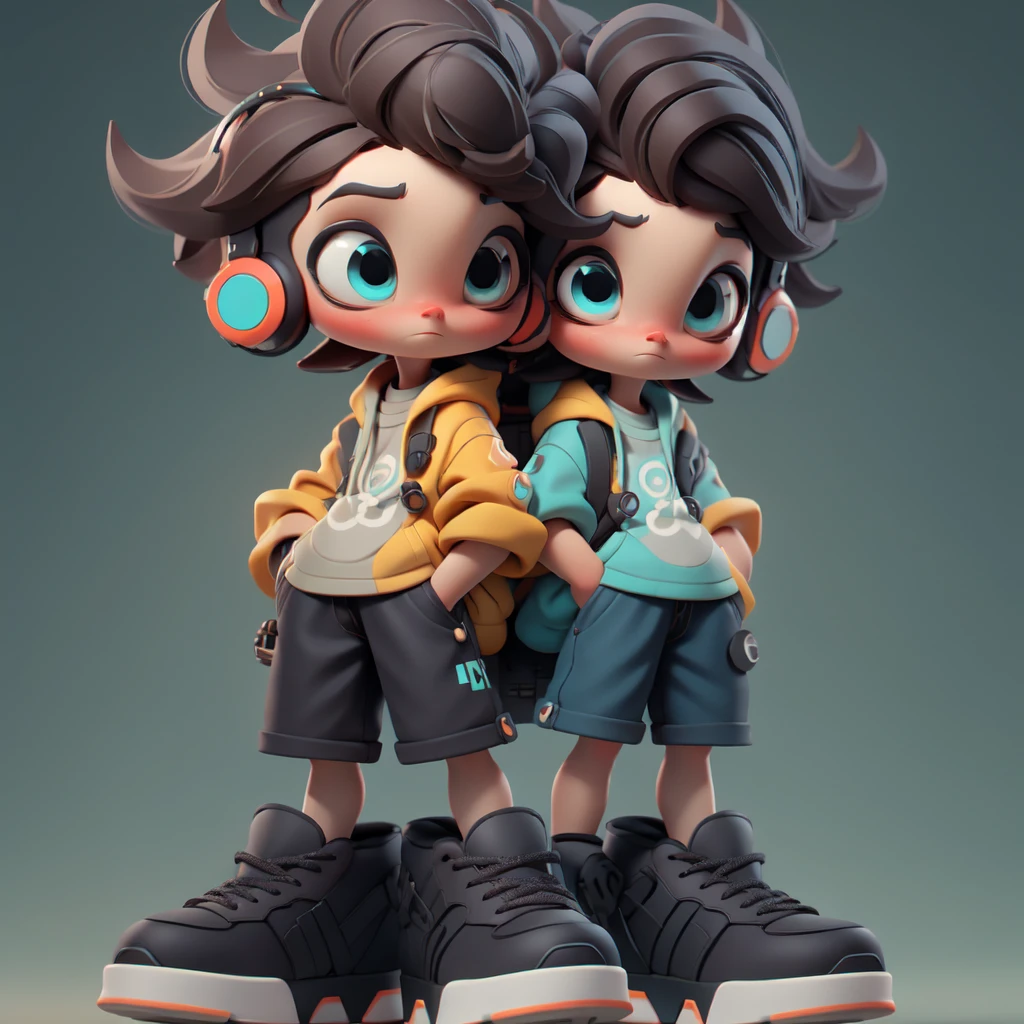 3D character, anime boy, large eyes, brown hair, blue headphones, gray t-shirt, shorts, oversized sneakers, hands in pockets, neutral expression Cartoon model, young boy, detailed hair, big headphones, casual outfit, futuristic shoes, standing pose, minimal background, modern design Stylized figure, boy with brown hair, turquoise headphones, graphic t-shirt, black shorts, colorful sneakers, relaxed stance, 3D rendering Cute animated boy, expressive eyes, blue and orange color scheme, hands in pockets, detailed sneakers, backpack, simple background, modern art Chibi-style character, big eyes, spiky hair, headphones, casual attire, large shoes, standing pose, muted colors, collectible figure design