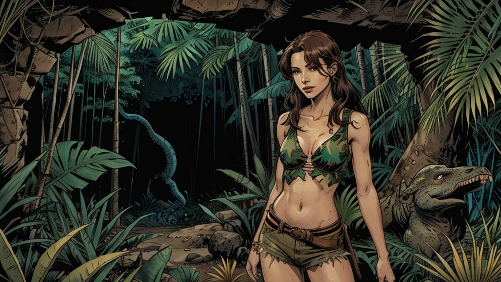 sexy cave girl in cutoff skins and midriff, cleavage, medium breasts, slender hips, dinosaurs, monsters, jungle foliage, volcanoes