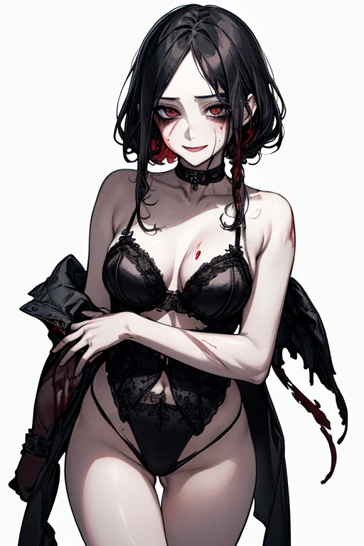 Top Quality, (Background Detail), Bra, Prima, High Contrast, Super Beautiful Girl, Detailed Original Illustration, Sensual, Delicate Face, Charming, Bad Girl, Sexy, Wrist Cut Scars, Real Breasts, Twin Tail, Crazy Smile, Crazy Eyes, Heads Up, Pale Skin, Bloody, Blood Shower Dripping Blood, Black Hair, Yandere, Mengele, Mine Type, ta, Blood Makeup, Red, Black Background, (Black Background: 1. 5), Beautiful Line Drawing