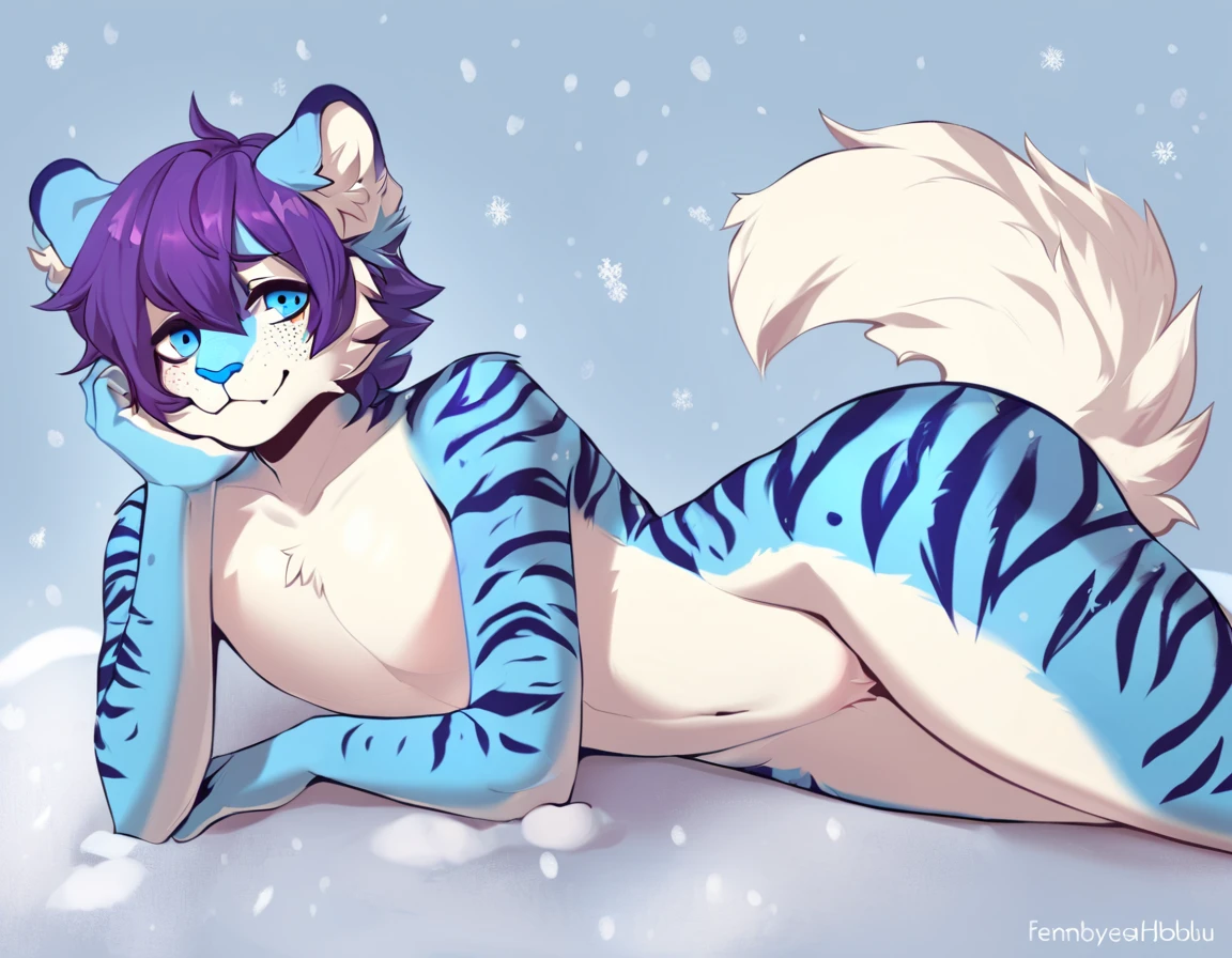 adult, feline, mammal, anthro, anthromorphic, snow, leopard, striped_feline, fur, furred_anthro, fluffy_tail. femboy, male, bangs, ear_tufts, blue_nose, blue_fingers, hair_tuft, hair_between_eyes, short_tail, fluffy, feline_ears, expressive_eyes, purple_hair, light looking_at_viewer, legs, legs_visible, thighs, blue_paws, blue_fur, shy, small_pupils, spotted_pattern, stripes, tail, tail_connected_to_body tiger_stripes, digital_art, high_resolution, high_res, tealblue_background fit, posing, laying_down