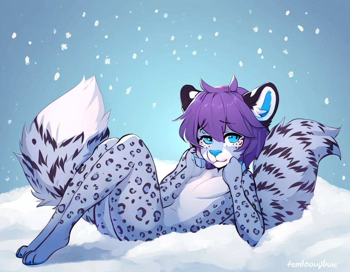 adult, feline, mammal, anthro, anthromorphic, snow, leopard, striped_feline, fur, furred_anthro, fluffy_tail. femboy, male, bangs, ear_tufts, blue_nose, blue_fingers, hair_tuft, hair_between_eyes, short_tail, fluffy, feline_ears, expressive_eyes, purple_hair, light looking_at_viewer, legs, legs_visible, thighs, blue_paws, blue_fur, shy, small_pupils, spotted_pattern, stripes, tail, tail_connected_to_body tiger_stripes, digital_art, high_resolution, high_res, tealblue_background fit, posing, laying_down