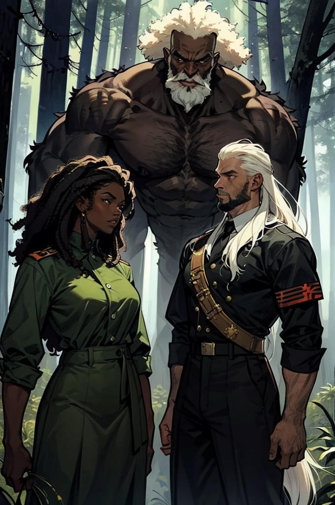 A muscular and wild black male werewolf monster (afro) bald and bearded side by side with a beautiful exuberant and perfect young white Aryan blonde woman with very long hair police officer in uniform and armed walking through a forest at night running courageously together facing the shadow monsters in an incredible hunt against the monster Wendigo