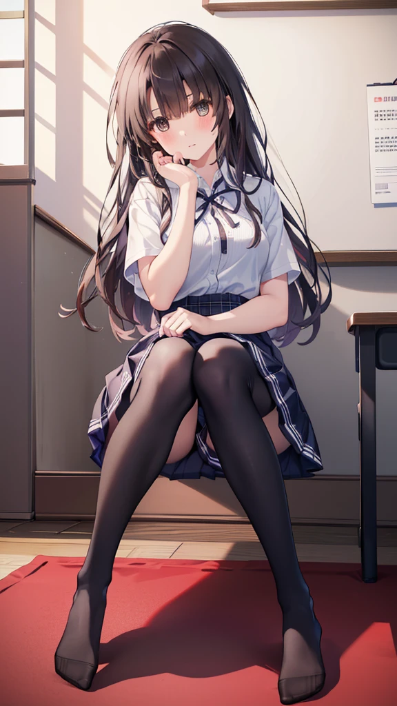 (8K、Best image quality、Highest quality、masterpiece)、One tall girl、((Full body))、Sit on the floor with your legs spread apart、White  are visible、Long Hair、Wavy Hair、blush、Moderate bust、White collared shirt、Short sleeve、((Plaid pleated ))、Classroom Background、((black tights))、Black Pantyhose、((No shoes))