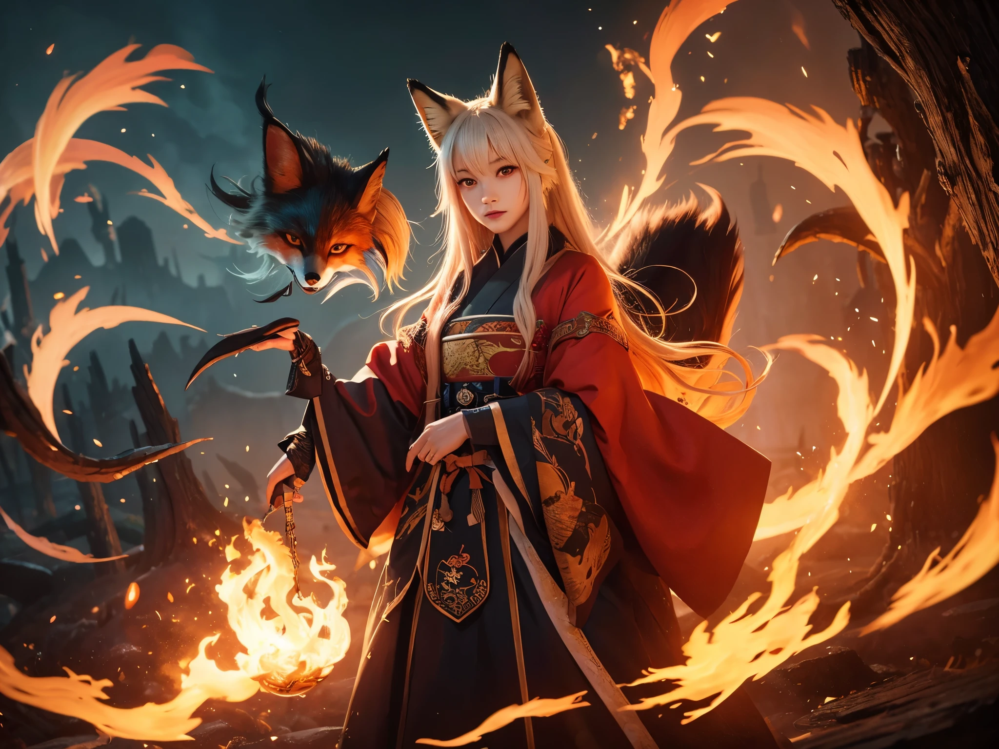 One girl,alone,, Official Art, unity 8k wallpaper, Super detailed, beautiful and aesthetic, beautiful, masterpiece, highest quality,, Fox Witch, Fox Mask Template, Haori, Foxfire spells, Fox Familiar, conversion,