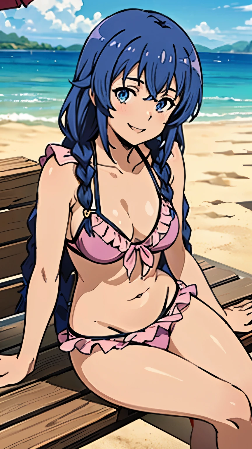 (masterpiece, best quality, high resolution, 8k:1.2),(anime), Roxy_Migurdia(mushoku tensei), 1girl, Blue eyes, Crimson blue hair, twin braids, long hair, small breasts, solo, (pink bikini, frills, beach, smile:1.3), (watching at viewers:1.2), dynamic angles,