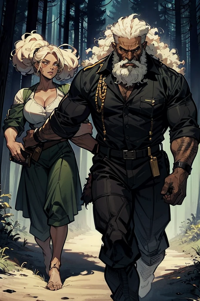 A muscular rebellious and wild black male werewolf monster (afro) bald and bearded man side by side with a beautiful exuberant and perfect young white woman, blonde haired ariana, very long detective, Policerman, investigator in uniform and armed traveling through a forest at night running courageously together facing the shadow monsters in an incredible hunt against the dangerous monster Wendigo