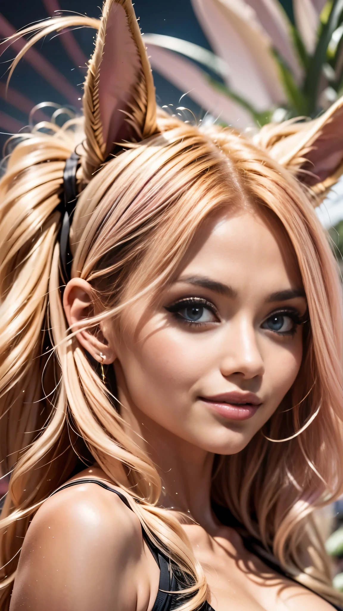 joyful expression, happy smile, anime style, a closeup of a cartoon of a woman with ears and rabbit tail, with rabbit tail, with rabbit ears, girl design, mara, portrait, giesha, anime image, long hair, pink hair, hair covering ears, happy, polished and powerful look, exotic, tall, joyful expression