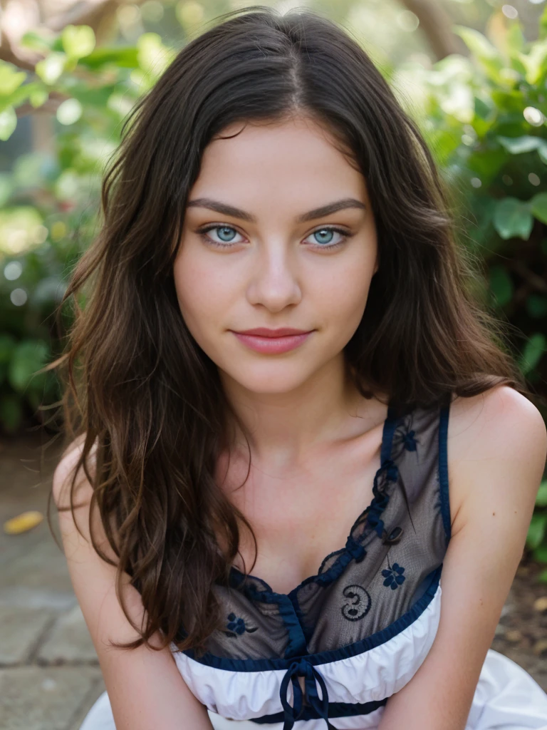beautiful 18-year-old white woman with black hair and blue eyes, pale skin, wearing red summer dress, full body, generous breasts, very detailed, innocent face, natural wavy hair, blue eyes, high resolution, masterpiece, best quality, intricate details, highly detailed, sharp focus, detailed skin, realistic skin texture, texture, detailed eyes, professional, 4k, charming smile, shot on Canon, 85mm, shallow depth of field, kodak vision color, perfect fit body, extremely detailed, foto_\(ultra\), photorealistic, realistic, post-processing, maximum detail, roughness, real life, ultra realistic, photorealism, photography, 8k uhd, photography