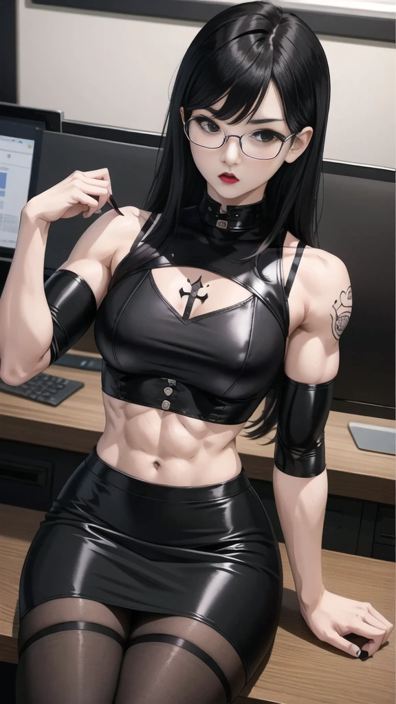 Boy, Korean, male body, adult, tattoo, lipstick, gothic, girl face, serious face, glasses, black hair (long with bangs),perfect body, fit body, thin waist, sitting at desk (office), muscular, small female chest, black pencil skirt, dominatrix, top, pantyhose, pretuberance, sissy, femboy, big ass