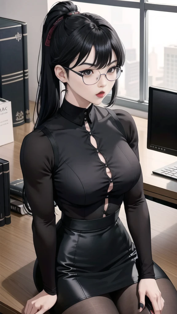 Boy, Korean, male body, adult, tattoo, lipstick, gothic, girl face, serious face, glasses, black hair (long with bangs),perfect body, fit body, thin waist, sitting at desk (office), muscular, small female chest, black pencil skirt, dominatrix, top, pantyhose, pretuberance, sissy, femboy, big ass