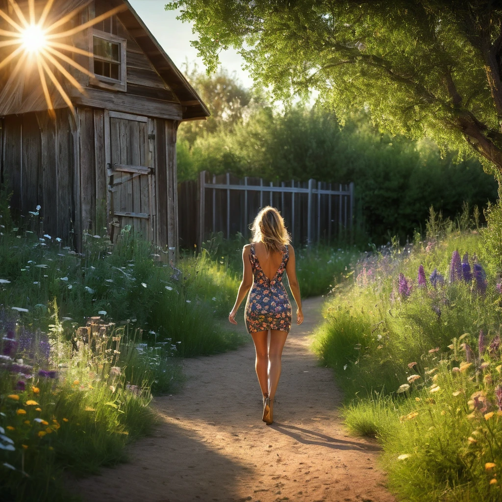 photograph of a 27 year old busty woman walking on a dirt trail surrounded by overgrown grass and wildflowers and trees, from behind, wearing a form-fitting minidress and high heels, long light-brunette hair in a French braid, light-colored perfect eyes, worn wooden garden shed in the background, sun shining, late evening, backlit, HDR, UHD, hyperrealistic, highly detailed, casting shadow style