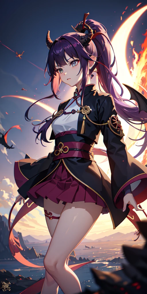 1girl, Japanese clothes, ponytail, purple hair, green eyes, magic circle, red fire, white flames, wallpaper, landscape, blood, blood splatter, depth of field, night, light particles, light rays, side lighting, thighs, destiny\ (series\), genshin impact, ****, open jacket, dragon tail, skirt, dragon scales, dragon ears, thigh, cloud