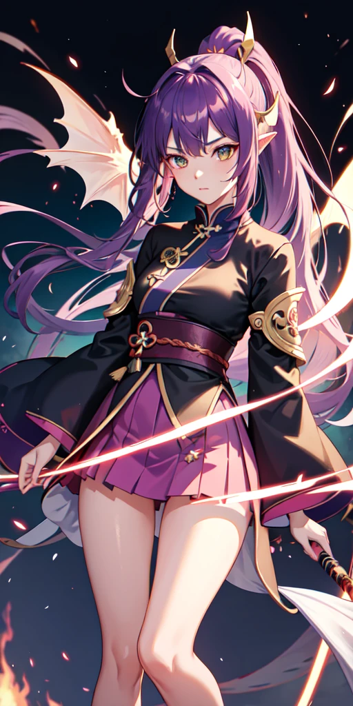 1girl, Japanese clothes, ponytail, purple hair, green eyes, magic circle, red fire, white flames, wallpaper, landscape, blood, blood splatter, depth of field, night, light particles, light rays, side lighting, thighs, destiny\ (series\), genshin impact, ****, open jacket, dragon tail, skirt, dragon scales, dragon ears, thigh, cloud