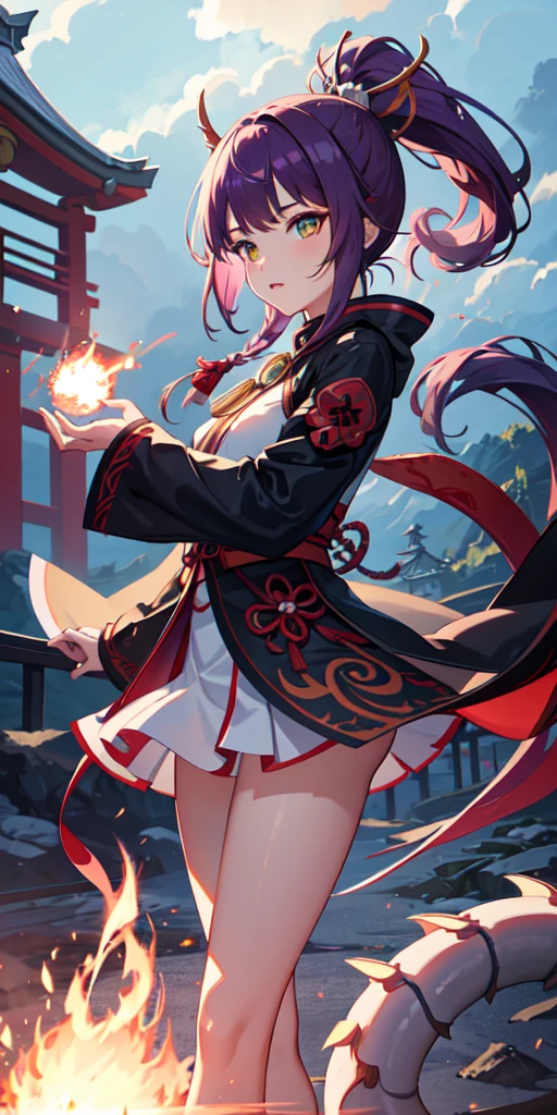 1girl, Japanese clothes, ponytail, purple hair, green eyes, magic circle, red fire, white flames, wallpaper, landscape, blood, blood splatter, depth of field, night, light particles, light rays, side lighting, thighs, destiny\ (series\), genshin impact, ****, open jacket, dragon tail, skirt, dragon scales, dragon ears, thigh, cloud