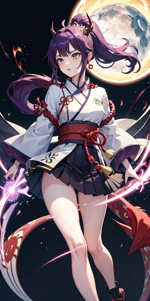 1girl, Japanese clothes, ponytail, purple hair, green eyes, magic circle, red fire, white flames, wallpaper, landscape, blood, blood splatter, depth of field, night, light particles, light rays, side lighting, thighs, destiny\ (series\), genshin impact, ****, open jacket, dragon tail, skirt, dragon scales, dragon ears, thigh, cloud