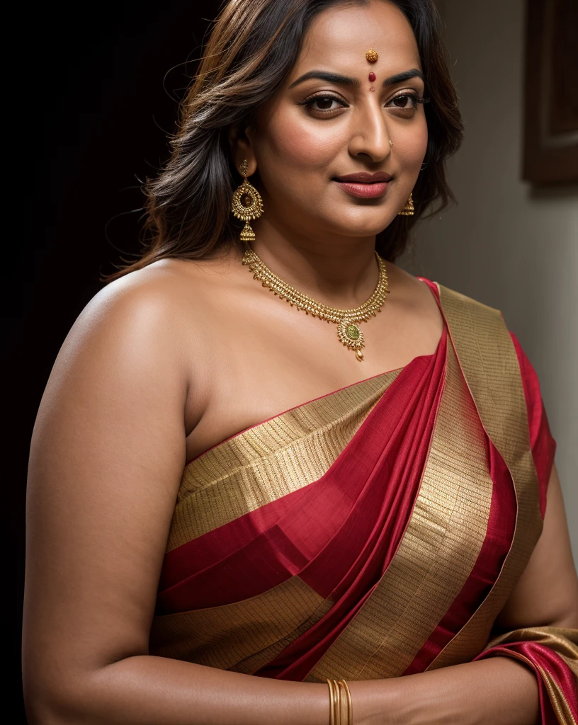 Foto RAW, photorealistic, photography, full body shot, 50 years old Woman, master shot, perfect eyes, goddess like beauty, pierced eyes, perfect thick chubby mallu Desi aunty bhabhi, Wearing a Stanapatta, a chest-band.Saree model, model Photography, Indian saree shoot, Indian traditional wear advertising photography, traditional wear brand shoot, face of Indian actress Sonakshi Sinha, masterpiece, realistic, realism, incredible details,  pleasure, photorealism, detailed skin, skin pores, high contrast, photorealistic Artstation 8k HD digital art trend of high definition and detailed realistic skin texture, ultra detail, realistic skin texture, armature, best quality, ultra high definition, (photorealistic:1.4),, high resolution, detail, raw photo, sweat, Re sharp, by Lee Jefferies Nikon D850 Film Stock Photo 4 Kodak Portra 400 Camera F1.6 Lens Rich Color Ultra Real Realistic Realistic Textures Dramatic Lighting Unreal Engine Trending at Art Station Cinestill 800,(pele altamente detalhada: 1.2), 8k UHD, DSLR, soft-lighting, alta qualidade, grain of film, Fujifilm XT3,she didn't like to wear blouse or bra, she is happy to wear only saree, she hates blouse or bra, detailed hairy armpits, hyper realistic skin, skin pores, sweat, veins, 