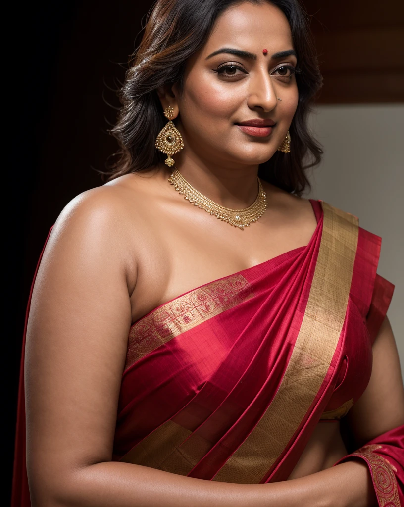 Foto RAW, photorealistic, photography, full body shot, 50 years old Woman, master shot, perfect eyes, goddess like beauty, pierced eyes, perfect thick chubby mallu Desi aunty bhabhi, Wearing a Stanapatta, a chest-band.Saree model, model Photography, Indian saree shoot, Indian traditional wear advertising photography, traditional wear brand shoot, face of Indian actress Sonakshi Sinha, masterpiece, realistic, realism, incredible details, pleasure, photorealism, detailed skin, skin pores, high contrast, photorealistic Artstation 8k HD digital art trend of high definition and detailed realistic skin texture, ultra detail, realistic skin texture, armature, best quality, ultra high definition, (photorealistic:1.4),, high resolution, detail, raw photo, sweat, Re sharp, by Lee Jefferies Nikon D850 Film Stock Photo 4 Kodak Portra 400 Camera F1.6 Lens Rich Color Ultra Real Realistic Realistic Textures Dramatic Lighting Unreal Engine Trending at Art Station Cinestill 800,(pele altamente detalhada: 1.2), 8k UHD, DSLR, soft-lighting, alta qualidade, grain of film, Fujifilm XT3,she didn't like to wear blouse or bra, she is happy to wear only saree, she hates blouse or bra, detailed hairy armpits, hyper realistic skin, skin pores, sweat, veins,