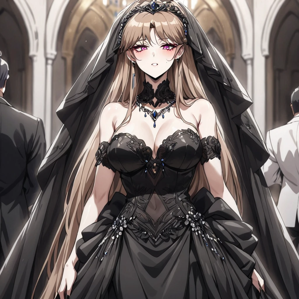 ((Highest quality)), ((masterpiece)), (detailed), （Perfect Face）、The woman is Princess Leona, with long light brown hair, and is wearing a lavishly jeweled, seductive black wedding dress and a black wedding veil, the epitome of an evil bride.、In a luxurious church wedding hall, a woman is getting married to a dignified and powerful middle-aged evil emperor dressed in a luxurious black outfit.、The woman has long hair