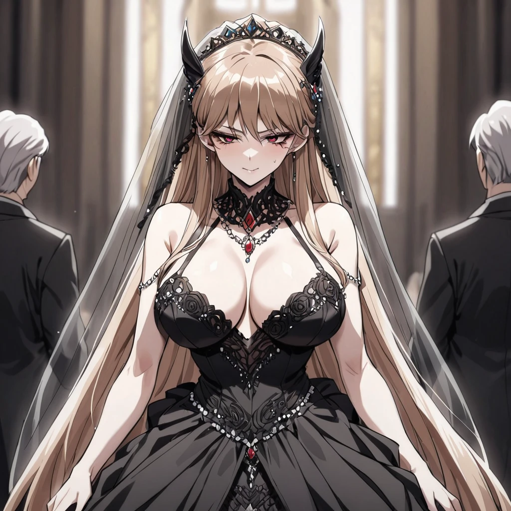 ((Highest quality)), ((masterpiece)), (detailed), （Perfect Face）、The woman is Princess Leona, with long light brown hair, and is wearing a lavishly jeweled,  black wedding dress and a black wedding veil, the epitome of an evil bride.、In a luxurious church wedding hall, a woman is getting married to a dignified and powerful middle-aged evil emperor dressed in a luxurious black outfit.、The woman has long hair