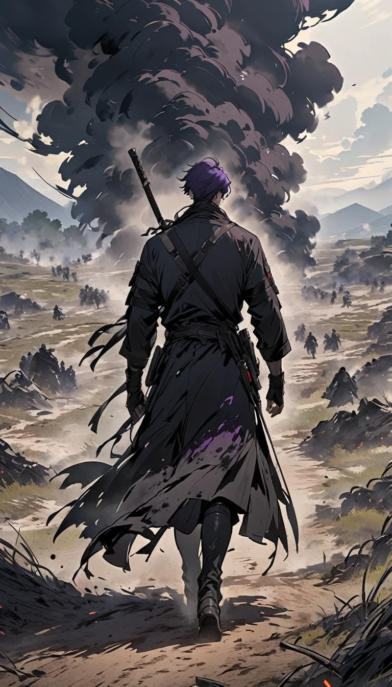 a human thats completely made up of black smoke, black smoke surrounding male, 1male, purple eyes, male is walking away from a battlefield