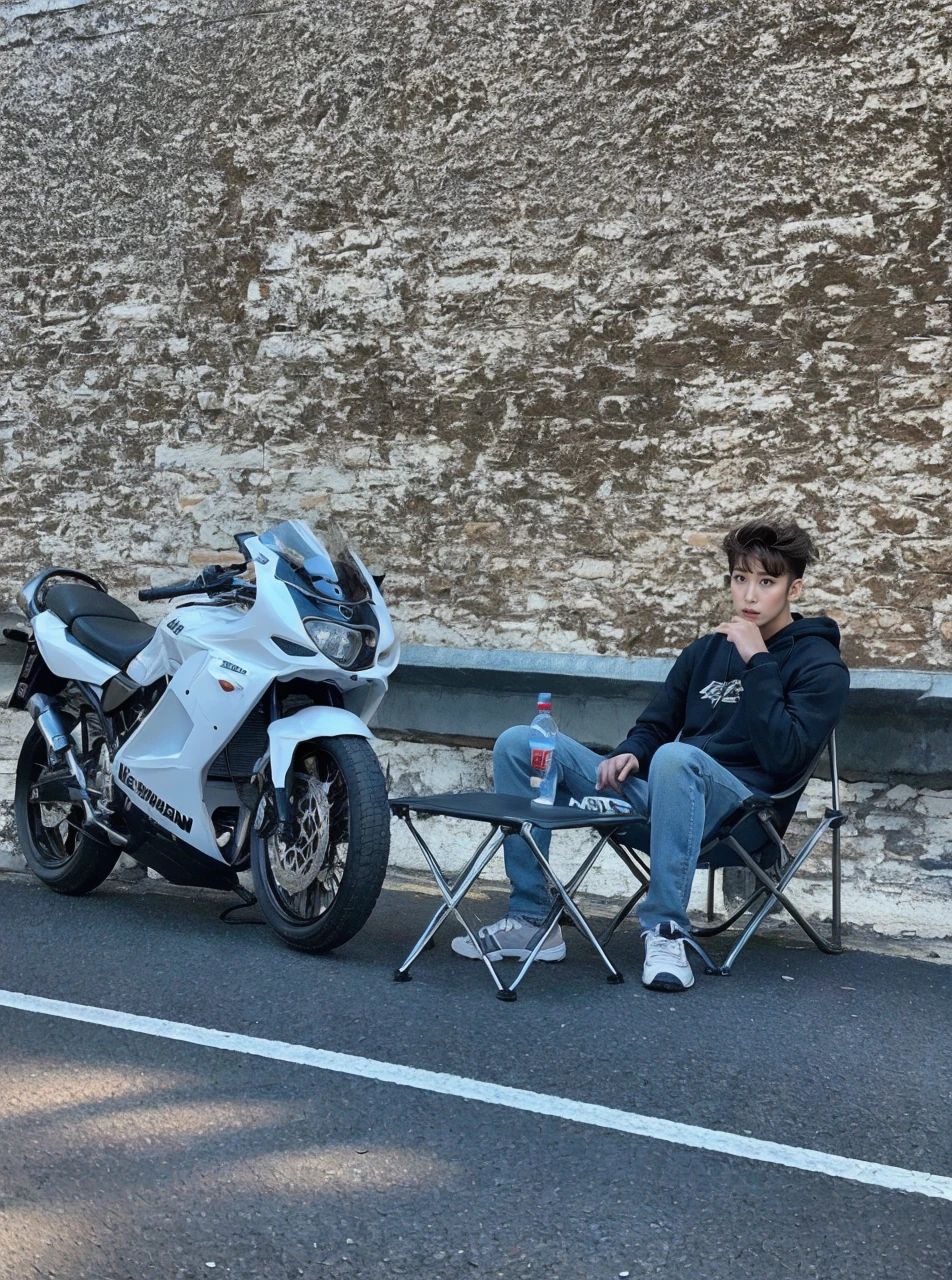 (RAW photo:1.2), (Photorealistic:1.4),Beautiful detailed woman,very detailed eyes and faces, Detailed eyes, ultra - detailed, A high resolution, The is very detailed,best qualtiy,illustratio,unified,8k wallpaper,tmasterpiece,best qualtiy,A boy stood,full bodyesbian,Sunshine Youth,Handsome young man,Wu Yanzu's appearance,Tall guy，short detailed hair,full bodyesbian,brown  hair,Sweatshirt,denim pant,athletic sneakers,buliding