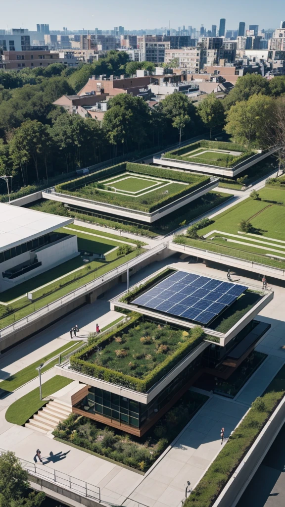 sustainable architectural design, including a building with solar panels and a green park on top.