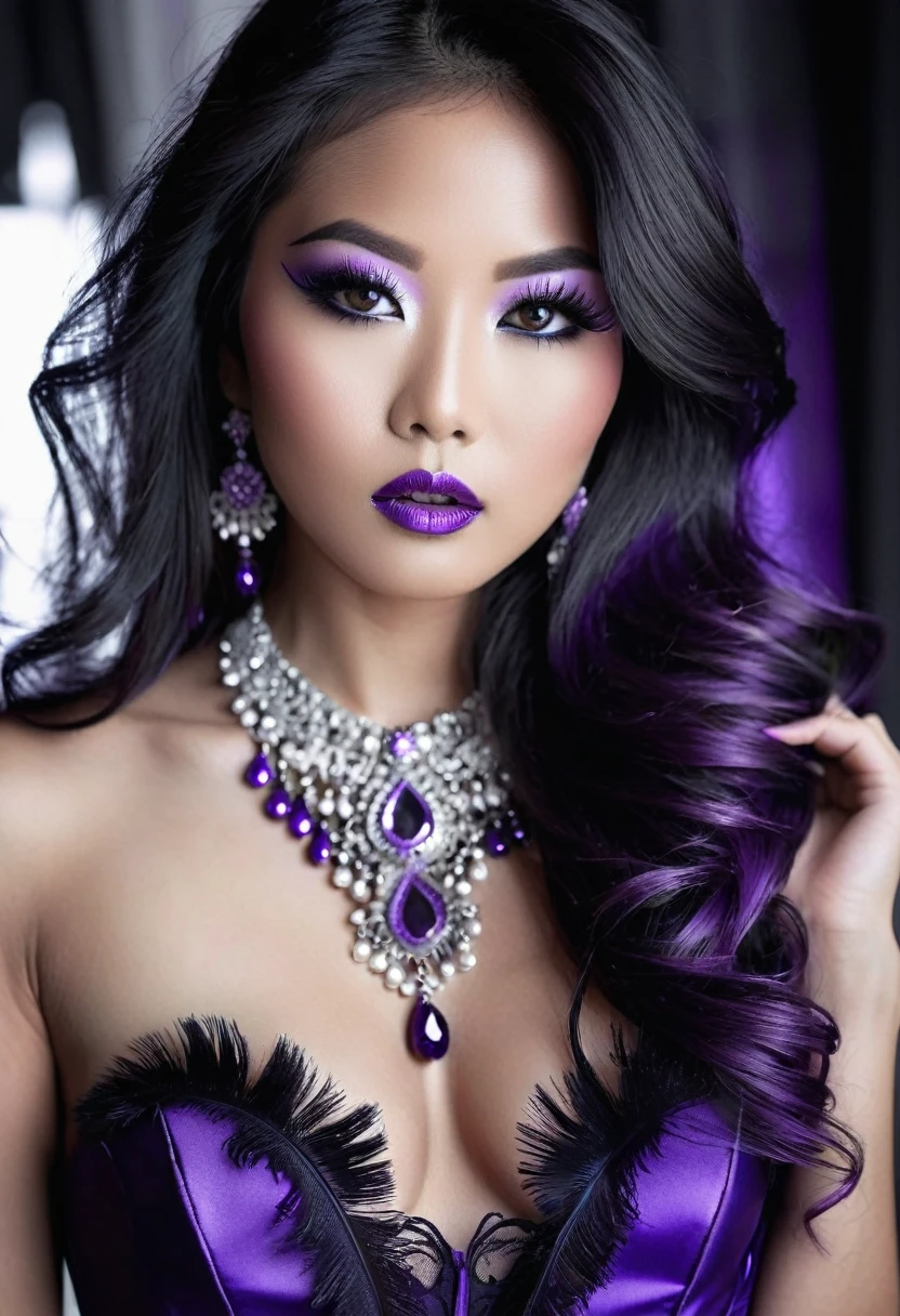 Sublime very sexy Asian woman, Detailed lips, detailed eyes, detailed eyelash, detailed face, sublime and detailed body, long cheveux violet, visage de séduction, ((violet make-up)), photo du milieu du corps, ((porter un costume)),(( Une cravate violette, photo noir et blanc et violet, only black and white and purple photo)), (((photo noir et blanc et violet : 2.0, only black and white and purple photo :2.0, purple only on iris and make-up and hair, b/w, b&w))) 