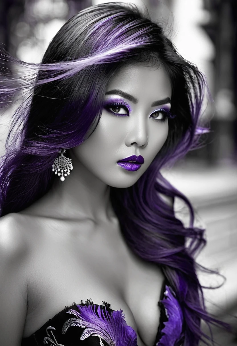 Sublime very sexy Asian woman, Detailed lips, detailed eyes, detailed eyelash, detailed face, sublime and detailed body, long cheveux violet, visage de séduction, ((violet make-up)), photo du milieu du corps, ((porter un costume)),(( Une cravate violette, photo noir et blanc et violet, only black and white and purple photo)), (((photo noir et blanc et violet : 2.0, only black and white and purple photo :2.0, purple only on iris and make-up and hair, b/w, b&w)))