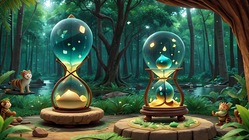 hourglass with time running out, amidst amazonite crystals, stars, shine, magical world, A forrest with tall and green trees surrounded by wild animals such as tigers and monkeys, complemented by a river and a blue skym, disney,