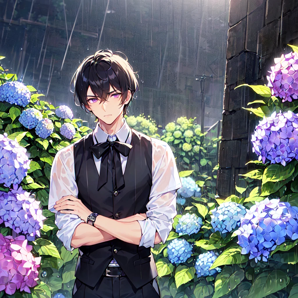 masterpiece,best quality,high quality,(1 male austere good-looking man solo adult age 30: 1.5), purple eyes, cool with suspended eyes, V-shaped eyebrows, body strong and fearless 8.5 head tall, height 185 cm, (well-groomed black short hair down to neck: 1.4), (bangs split into seven thirds: 1.4), slender nose, expression lines, throat, (shirt and black trousers: 1.3), (hand on face), (standing), (stylish pose), (melancholy expression: 1.3), (background hydrangea garden: 1.3), (night rain: 1.3), (upper body:1.3)