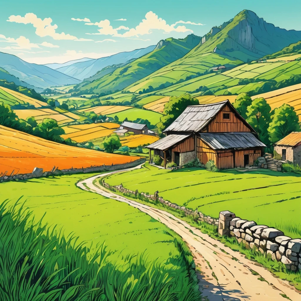 Warm color line drawing，（Comic book style），Hand drawn caricature，Beautiful countryside painting，Mountain々、summer，Green farmland、Old Stone Barns and Sheds。Sunny Afternoon。Pen carefully、And handle it with care，Overall composition balance。（Clear lines，No Shadow），（Moderate：Picturesque），Wide-angle lens