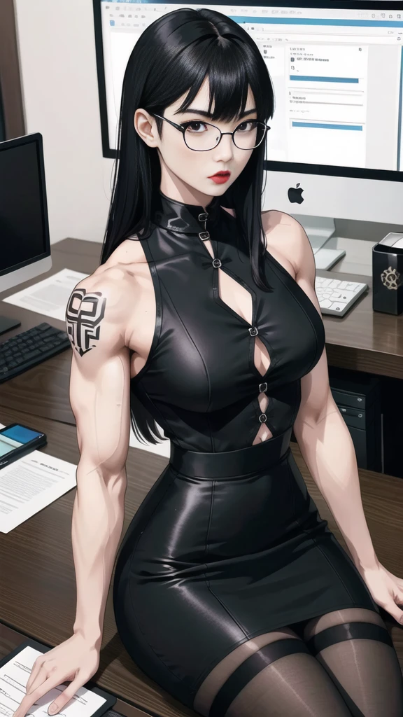 Boy, Korean, male body, adult, tattoo, lipstick, gothic, girl face, serious face, glasses, black hair (long with bangs),perfect body, fit body, thin waist, sitting at desk (office), muscular, small female chest, black pencil skirt, dominatrix, top, pantyhose, pretuberance, sissy, femboy, big ass