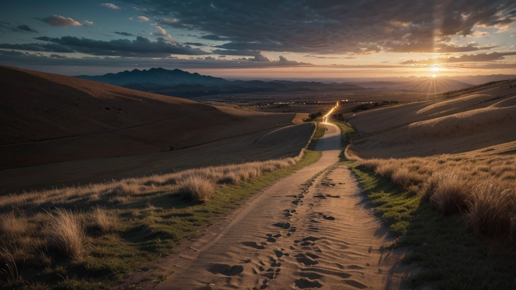 A powerful image of a forked path at sunset. On one side, a dark and lonely path that symbolizes isolation and following one's heart; on the other, an illuminated and welcoming path that represents the Christian community and divine guidance. In the background, a shining cross on the horizon, symbolizing Christ's sacrifice and a new covenant. At the bottom of the image, an open Bible with highlighted verses, mentioning the biblical references that will be explored in the narrative.