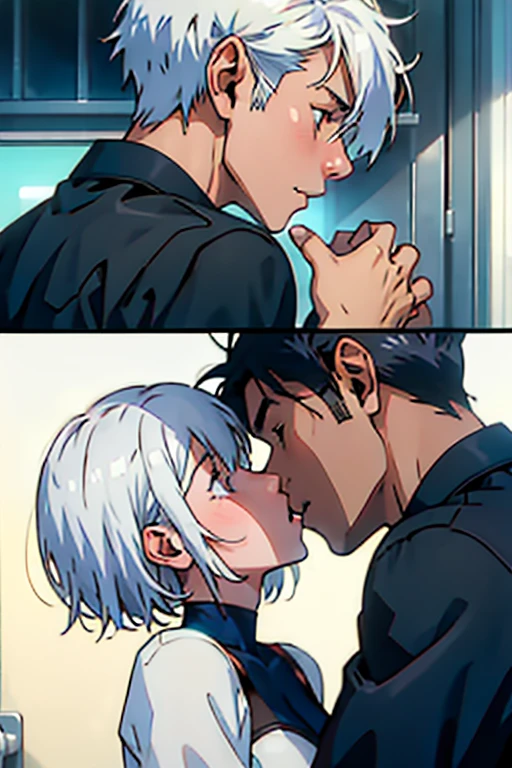 Girl with short white hair small and really skinny, passionately kissing a guy with short hair, manga page with panels and dialogue