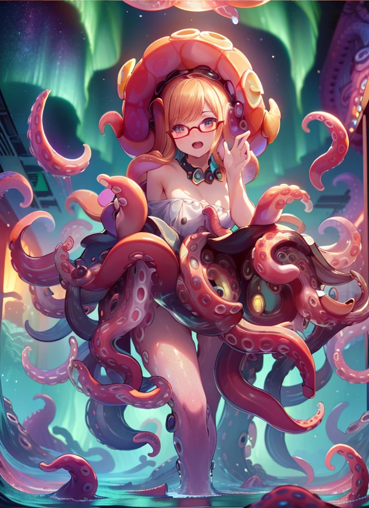 ((best quality)), ((highly detailed)), absurdres, (detailed eyes, deep eyes), (1girl), (glasses), dynamic pose, cowboy shot, (((scylla))), (((octopus girl))), standing, (tentacles:1.33), (suction cups:1.33), (fused:1.33), ((tentacle legs)), squidlegs, medium breasts, (dress), partially underwater, (inside, in an office, desk), aurorastyle, aurora