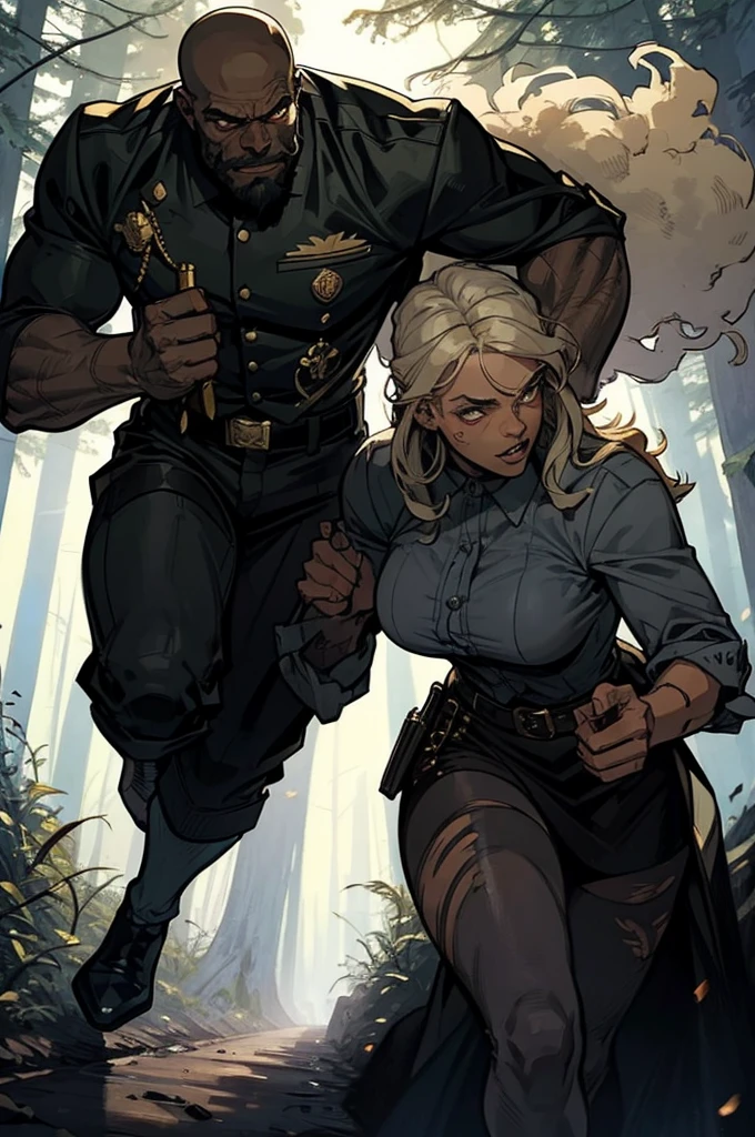 A muscular rebellious and wild black male werewolf monster (afro) bald and bearded man side by side with a beautiful exuberant and perfect young white woman, blonde haired ariana, very long detective, Policerman, investigator in uniform and armed traveling through a forest at night running courageously together facing the shadow monsters in an incredible hunt against the dangerous monster Wendigo